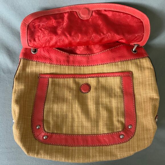 FOSSIL Red Leather Strap Tan Straw Woven Handbag Versatile - Picture 10 of 15